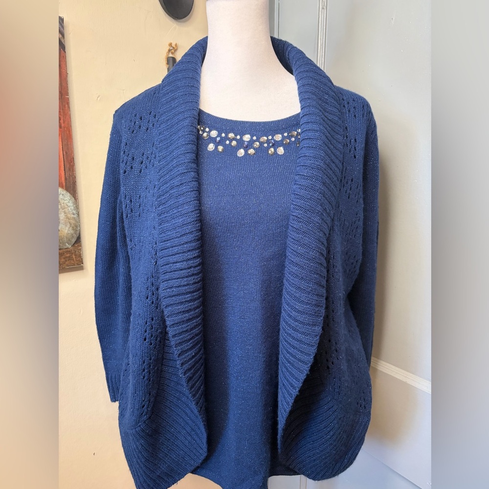 Laura Scott Navy Cardigan with Embellished Detail